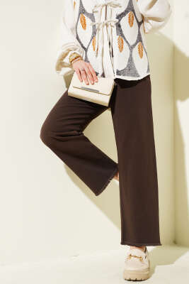 Bel Lastikli Püskül Paça Gabardin Pantolon Kahve - Thumbnail