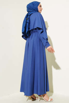 Omuz Pelerinli Bel Lastikli Elbise İndigo - Thumbnail