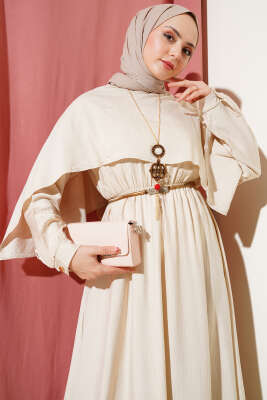 Omuz Pelerinli Bel Lastikli Elbise Bej - Thumbnail