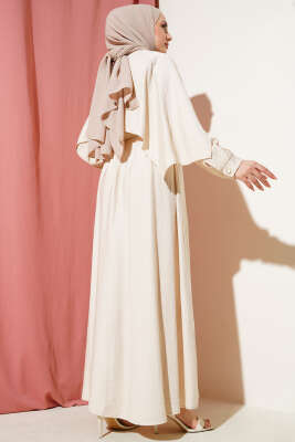 Omuz Pelerinli Bel Lastikli Elbise Bej - Thumbnail