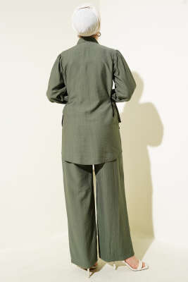 Yandan Bağlamalı Metal Düğmeli İkili Takım Haki - Thumbnail