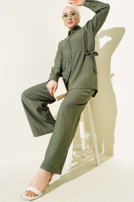 Yandan Bağlamalı Metal Düğmeli İkili Takım Haki - Thumbnail