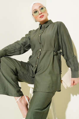 Yandan Bağlamalı Metal Düğmeli İkili Takım Haki - Thumbnail