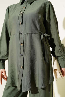 Yandan Bağlamalı Metal Düğmeli İkili Takım Haki - Thumbnail