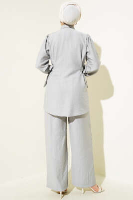 Yandan Bağlamalı Metal Düğmeli İkili Takım Gri - Thumbnail