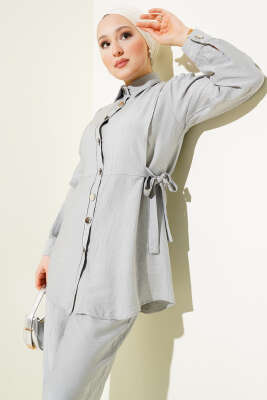 Yandan Bağlamalı Metal Düğmeli İkili Takım Gri - Thumbnail