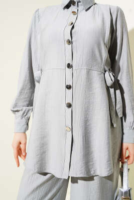 Yandan Bağlamalı Metal Düğmeli İkili Takım Gri - Thumbnail