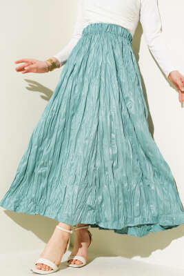 Pazarium - Deri Görünümlü Kırışık Etek Mint