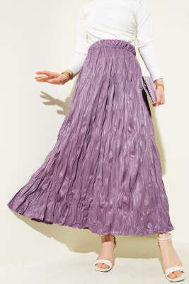 Pazarium - Deri Görünümlü Kırışık Etek Magenta