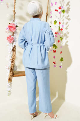 Çift Cepli Düğmeli İp Kuşaklı İkili Takım Mavi - Thumbnail