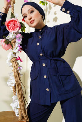 Çift Cepli Düğmeli İp Kuşaklı İkili Takım Lacivert - Thumbnail