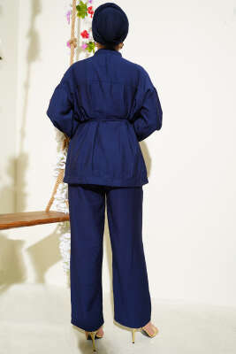 Çift Cepli Düğmeli İp Kuşaklı İkili Takım Lacivert - Thumbnail