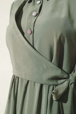 Bağlamalı Yarım Taş Düğmeli Elbise Haki - Thumbnail