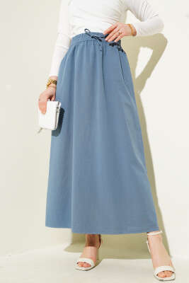 Çift Cepli Beli Lastikli Etek İndigo - Thumbnail