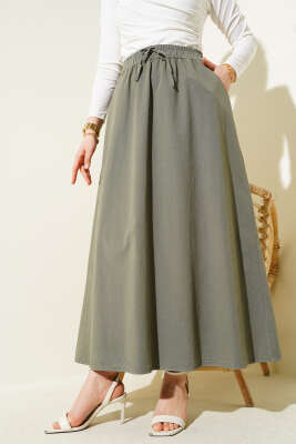 Çift Cepli Beli Lastikli Etek Haki - Thumbnail