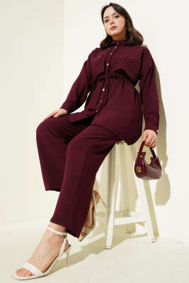 Pelerin Taşlı İp Kuşaklı İkili Takım Mürdüm - Thumbnail