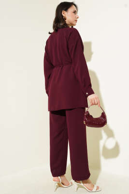 Pelerin Taşlı İp Kuşaklı İkili Takım Mürdüm - Thumbnail