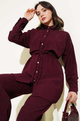 Pelerin Taşlı İp Kuşaklı İkili Takım Mürdüm - Thumbnail