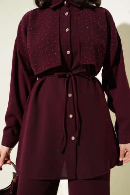 Pelerin Taşlı İp Kuşaklı İkili Takım Mürdüm - Thumbnail