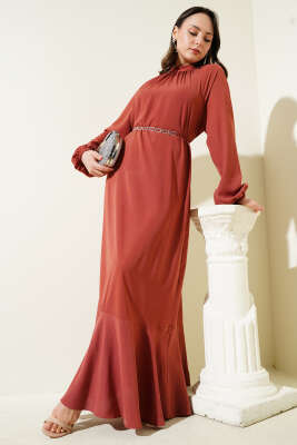 Pazarium - Reglan Kol Zincir Kuşaklı Elbise Gül Kurusu