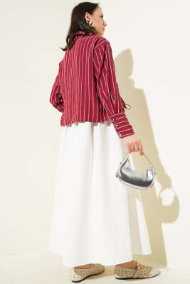 Kalp Düğmeli Önü Büzgülü Kısa Gömlek Bordo - Thumbnail