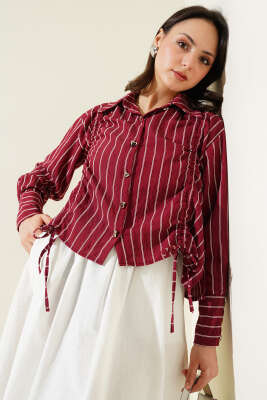 Pazarium - Kalp Düğmeli Önü Büzgülü Kısa Gömlek Bordo