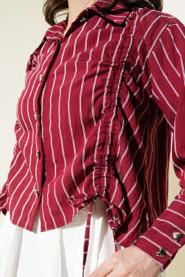 Kalp Düğmeli Önü Büzgülü Kısa Gömlek Bordo - Thumbnail