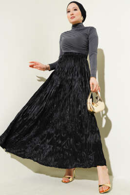 Saten Görünümlü Kırışık Etek Siyah - Thumbnail
