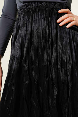 Saten Görünümlü Kırışık Etek Siyah - Thumbnail
