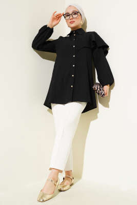 Asimetrik Fırfırlı Kabartma Çizgili Gömlek Siyah - Thumbnail