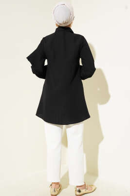 Asimetrik Fırfırlı Kabartma Çizgili Gömlek Siyah - Thumbnail