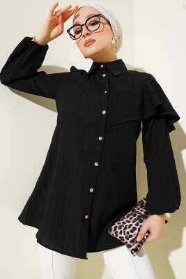 Asimetrik Fırfırlı Kabartma Çizgili Gömlek Siyah - Thumbnail