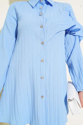 Asimetrik Fırfırlı Kabartma Çizgili Gömlek Mavi - Thumbnail