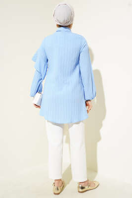 Asimetrik Fırfırlı Kabartma Çizgili Gömlek Mavi - Thumbnail