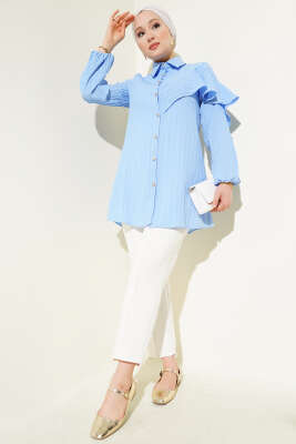 Asimetrik Fırfırlı Kabartma Çizgili Gömlek Mavi - Thumbnail