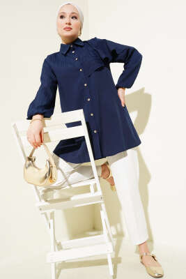 Asimetrik Fırfırlı Kabartma Çizgili Gömlek Lacivert - Thumbnail