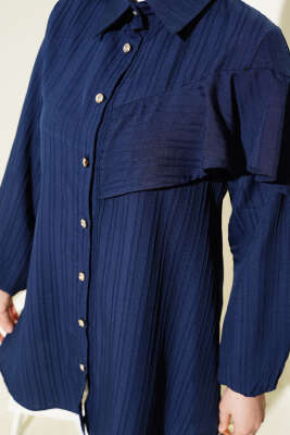 Asimetrik Fırfırlı Kabartma Çizgili Gömlek Lacivert - Thumbnail