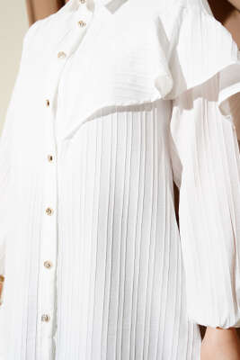 Asimetrik Fırfırlı Kabartma Çizgili Gömlek Ekru - Thumbnail