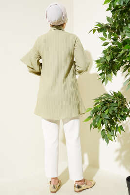 Asimetrik Fırfırlı Kabartma Çizgili Gömlek Çağla Yeşili - Thumbnail