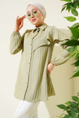 Asimetrik Fırfırlı Kabartma Çizgili Gömlek Çağla Yeşili - Thumbnail