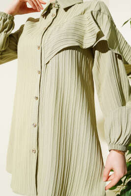 Asimetrik Fırfırlı Kabartma Çizgili Gömlek Çağla Yeşili - Thumbnail