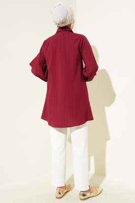 Asimetrik Fırfırlı Kabartma Çizgili Gömlek Bordo - Thumbnail
