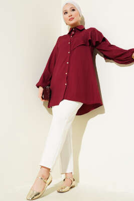 Asimetrik Fırfırlı Kabartma Çizgili Gömlek Bordo - Thumbnail