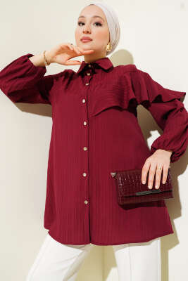 Asimetrik Fırfırlı Kabartma Çizgili Gömlek Bordo - Thumbnail