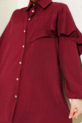 Asimetrik Fırfırlı Kabartma Çizgili Gömlek Bordo - Thumbnail