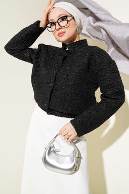 Pazarium - Parlak Kırışık Doku Kısa Ceket Siyah