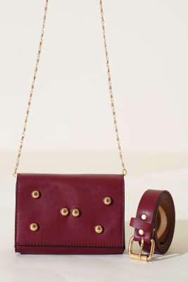 Mıknatıslı Önü Zımbalı Mini Bel Çanta Bordo - Thumbnail