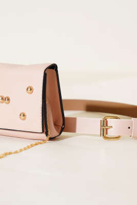 Mıknatıslı Önü Zımbalı Mini Bel Çanta Somon - Thumbnail