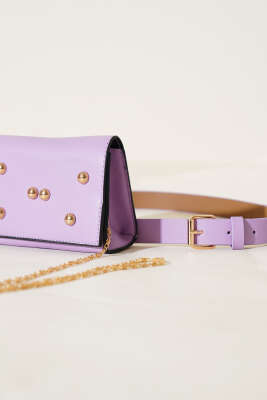 Mıknatıslı Önü Zımbalı Mini Bel Çanta Lila - Thumbnail