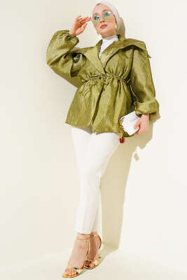 Bel Lastikli Balon Kol Jakar Ceket Yağ Yeşili - Thumbnail